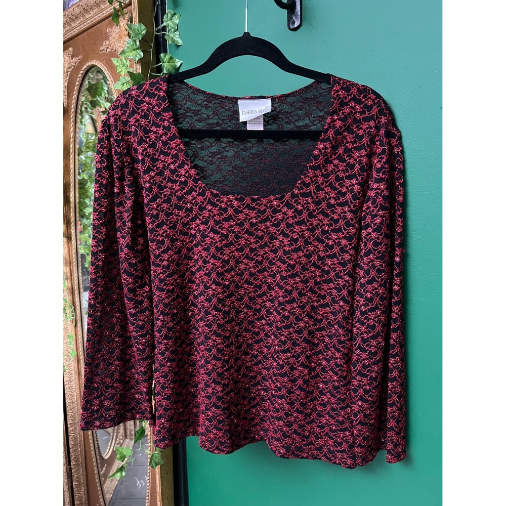 Vintage Fashion Bug Red Metallic Lace Top Square Neck Long Sleeve Blouse XL
